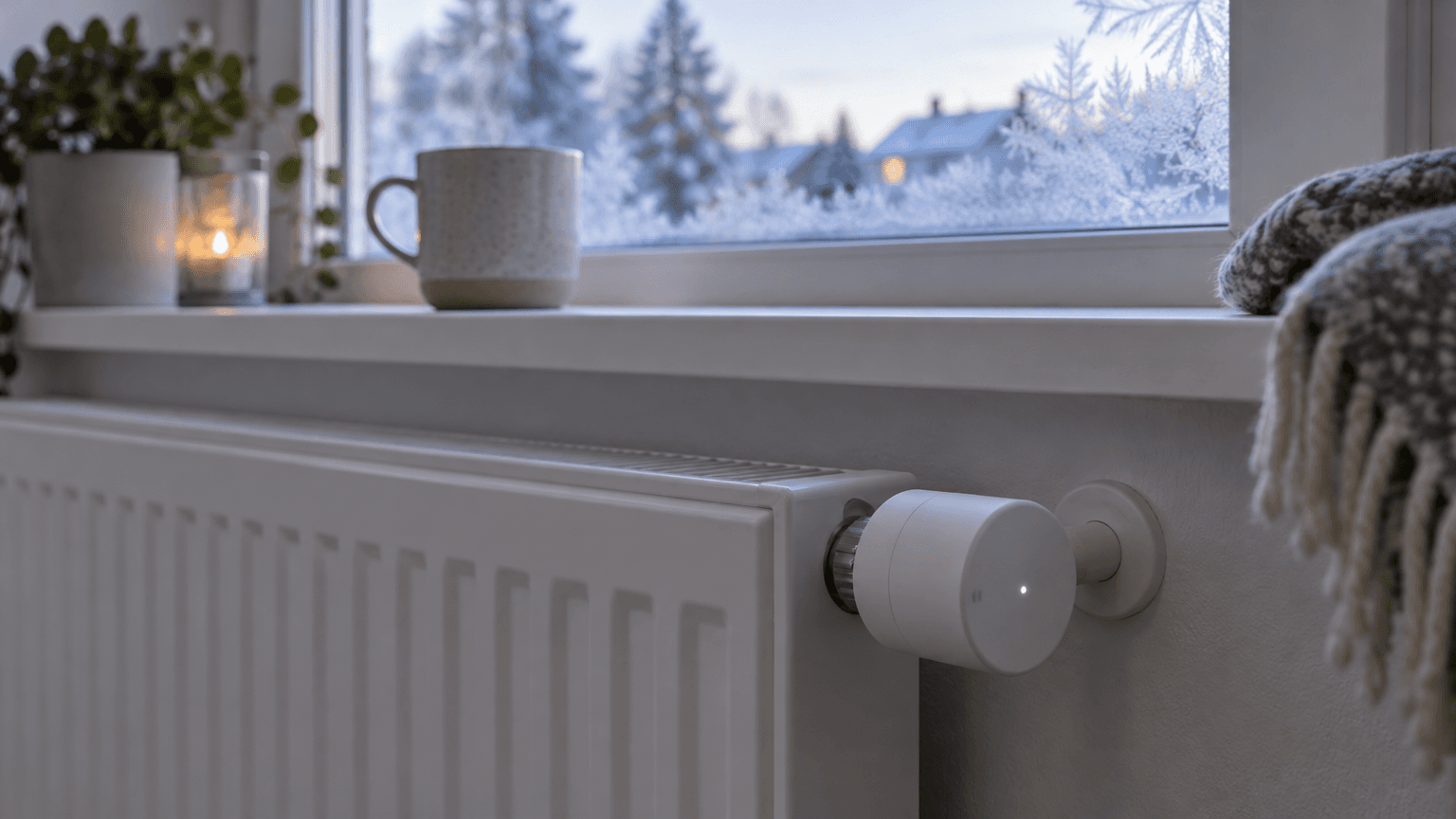 Vitt smart termostathuvud på ett panelelement under ett fönster med frostrosor, en tidig blå vintermorgon med en kaffekopp i fönstret