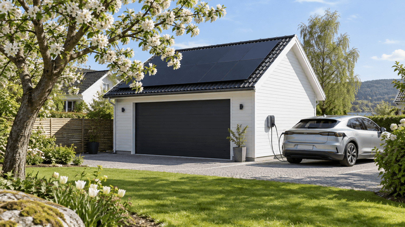 Vitt fristående garage med svarta solpaneler på taket och en elbil som laddas vid väggen en vårdag
