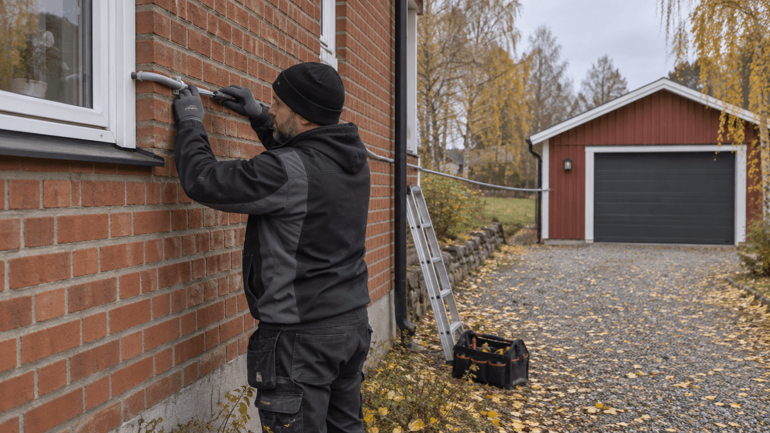 Elektriker monterar ett kabelrör längs en tegelfasad mot ett fristående garage en höstdag