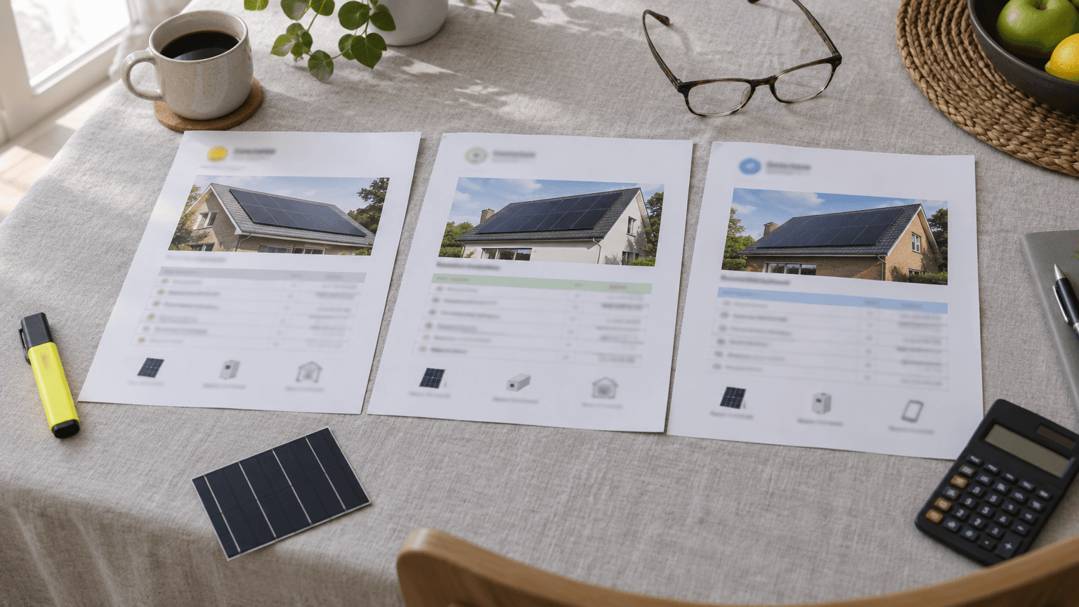 Tre utskrivna solcellsofferter med bilder på svarta solpaneler ligger bredvid varandra på en ljusgrå linneduk, med överstrykningspenna, miniräknare och en liten solcellsbit