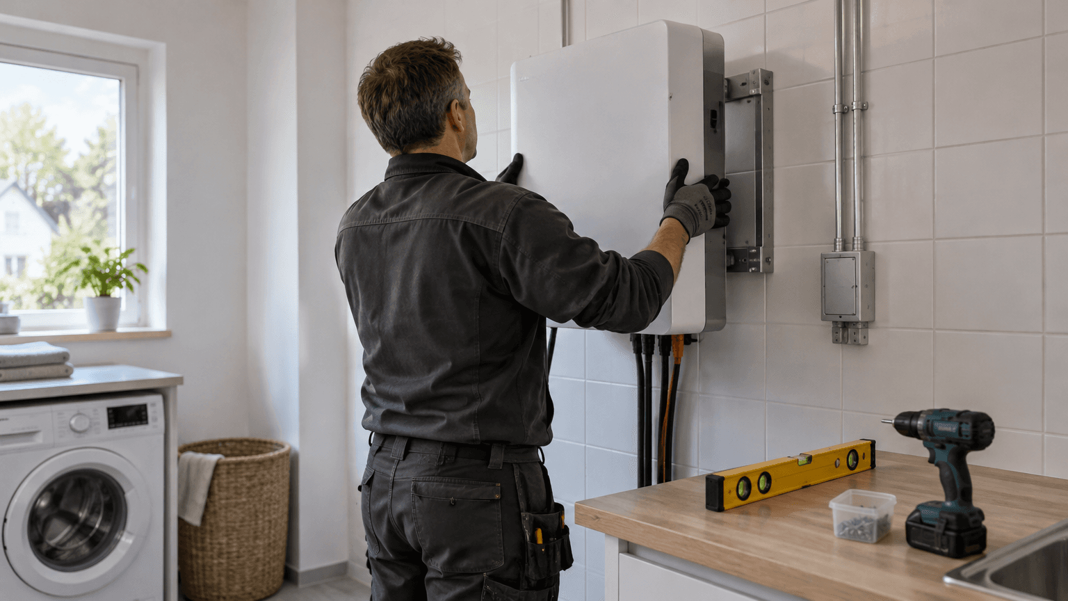 Elektriker i mörkgrå arbetskläder lyfter upp en vit batterimodul på ett väggfäste i en ljus tvättstuga, vattenpass och borrmaskin på bänken