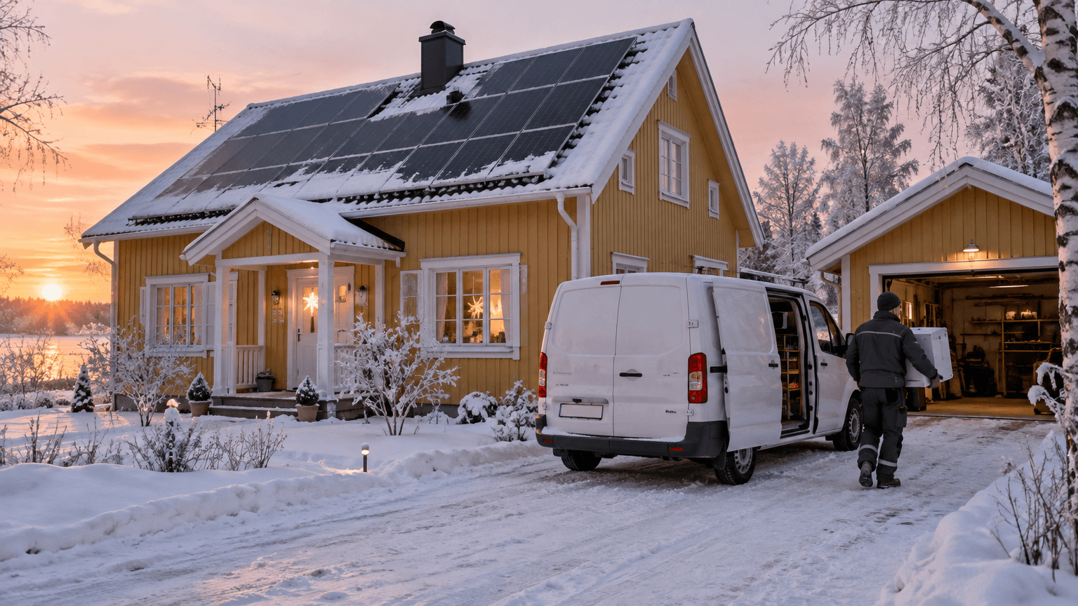 Senapsgul trävilla med vita knutar och snöpudrade svarta solpaneler i rosa vintersol, där en tekniker bär en kartong med ny växelriktare från en vit servicebil mot garaget
