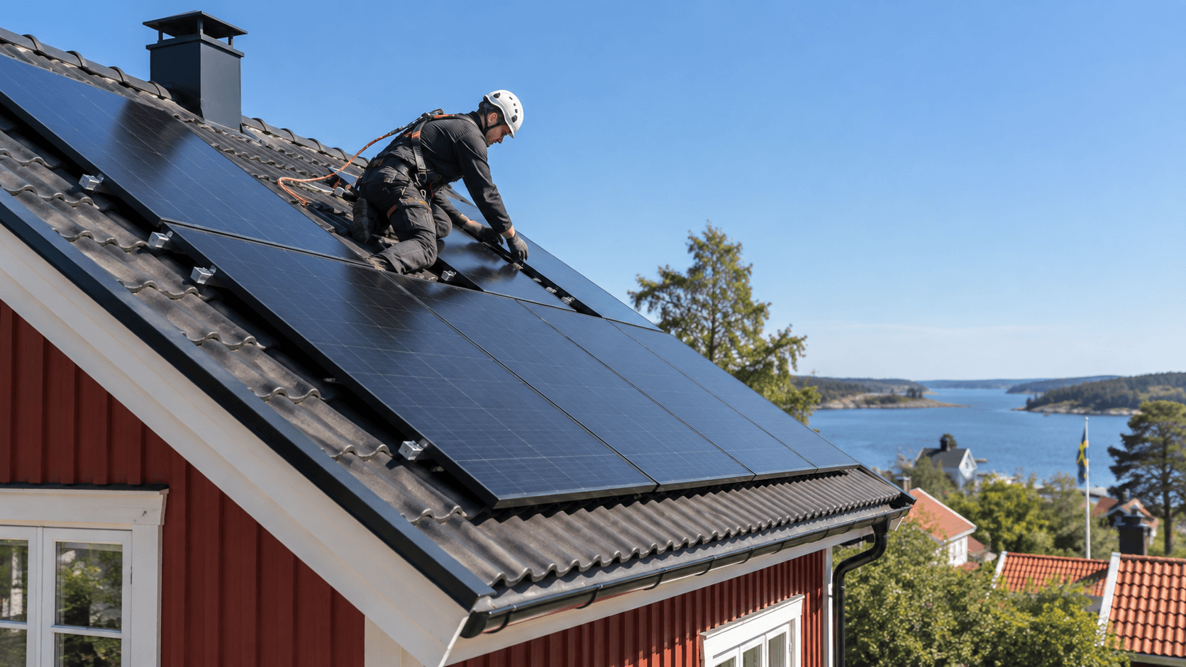 Installatör med hjälm och fallskydd monterar svarta solpaneler på ett tegeltak på en svensk villa
