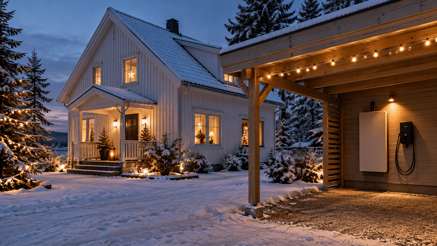 Vit trävilla i decemberskymning med tänd belysning och snö, under en öppen carport sitter ett vitt hembatteri och en svart laddbox upplysta av en vägglampa