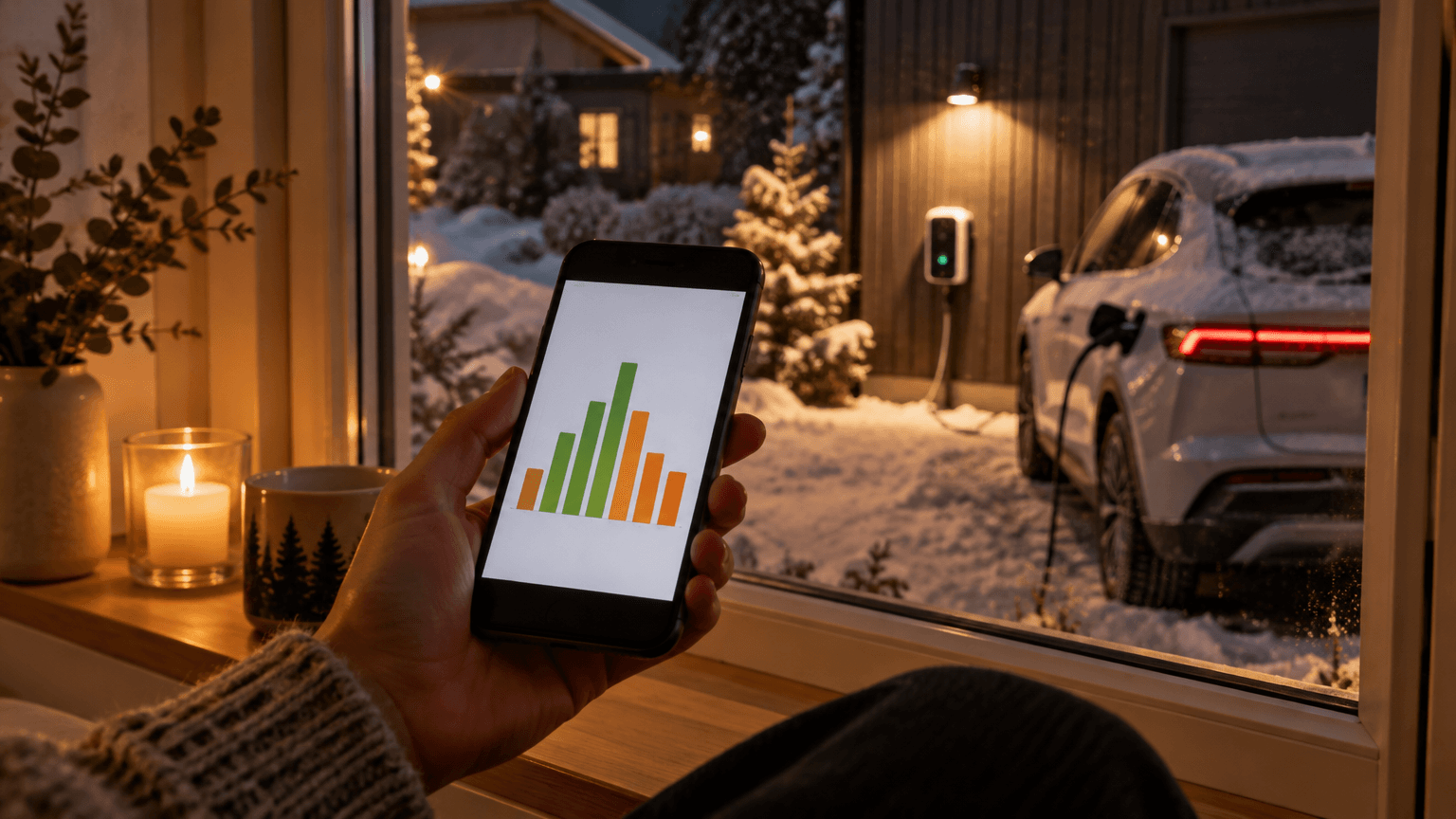 Hand som håller en mobil med ett stapeldiagram över elpriset framför ett fönster, med en elbil som laddas på en snöig uppfart utanför