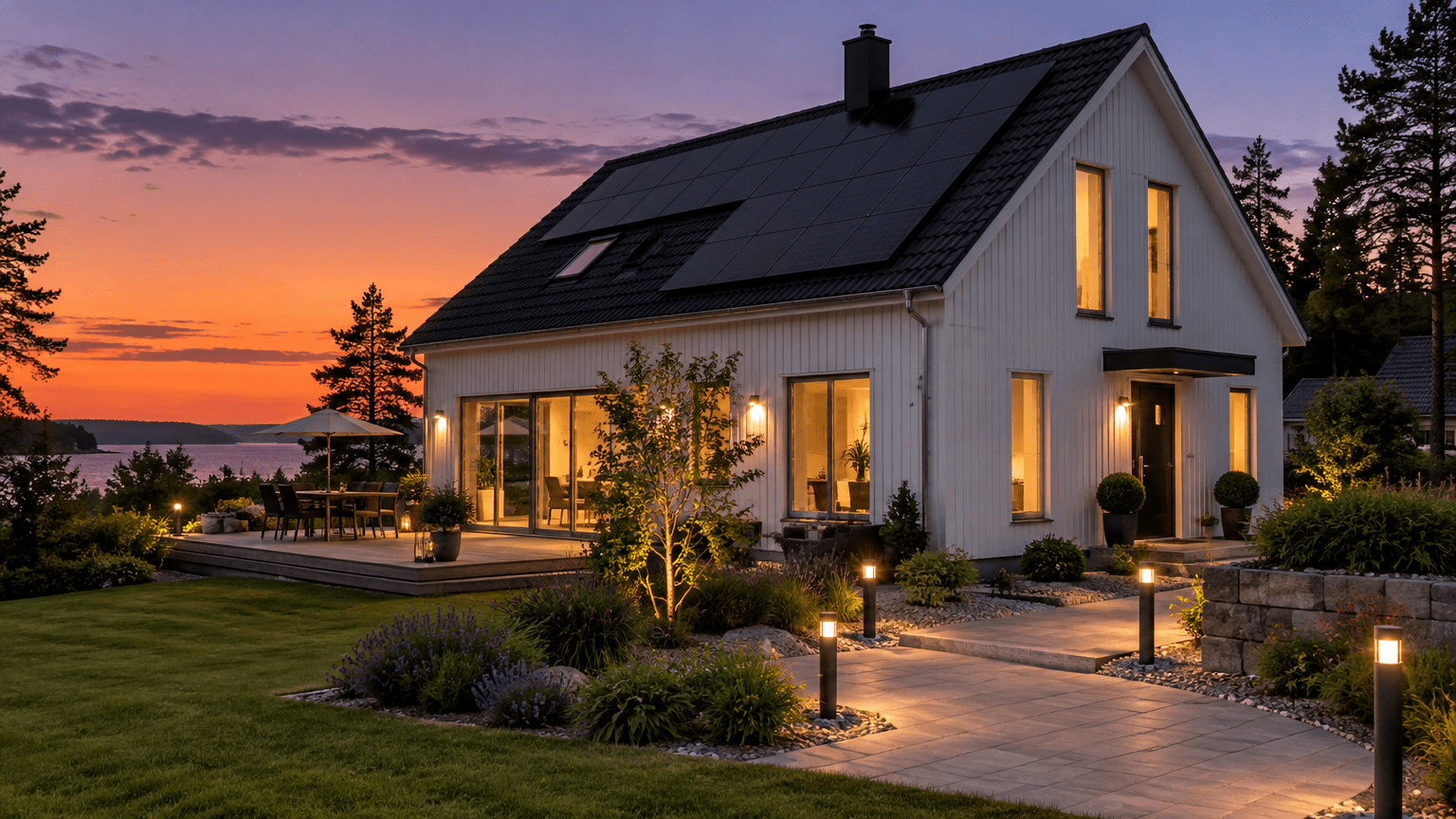 Vit villa med svarta solpaneler på taket i sommarskymning med tända fönster och trädgårdsbelysning