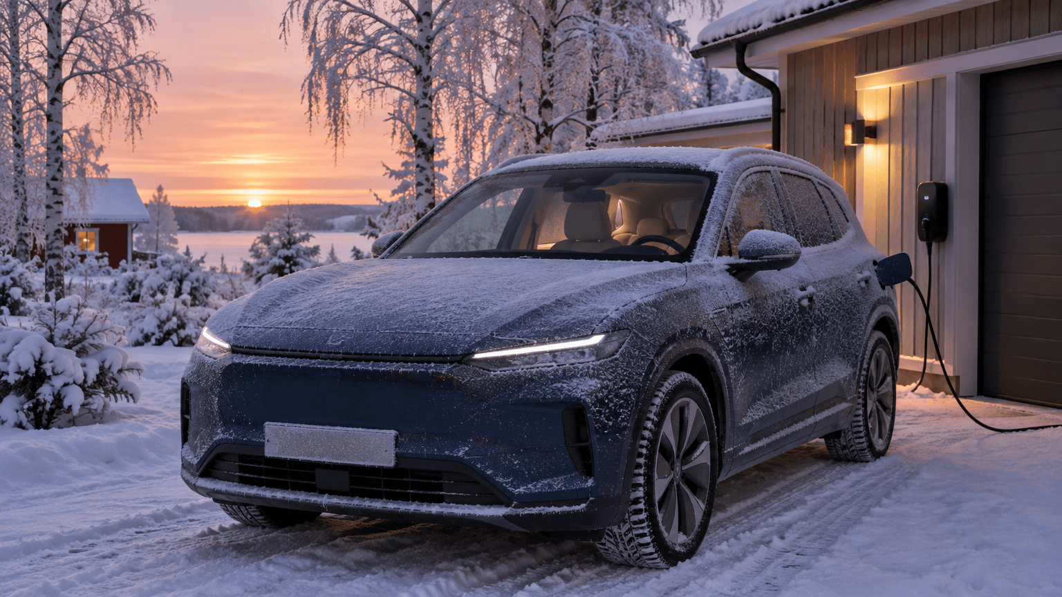 Frostig mörkblå elbil på en snöig uppfart i soluppgången, inkopplad i en laddbox på garageväggen medan kupén förvärms