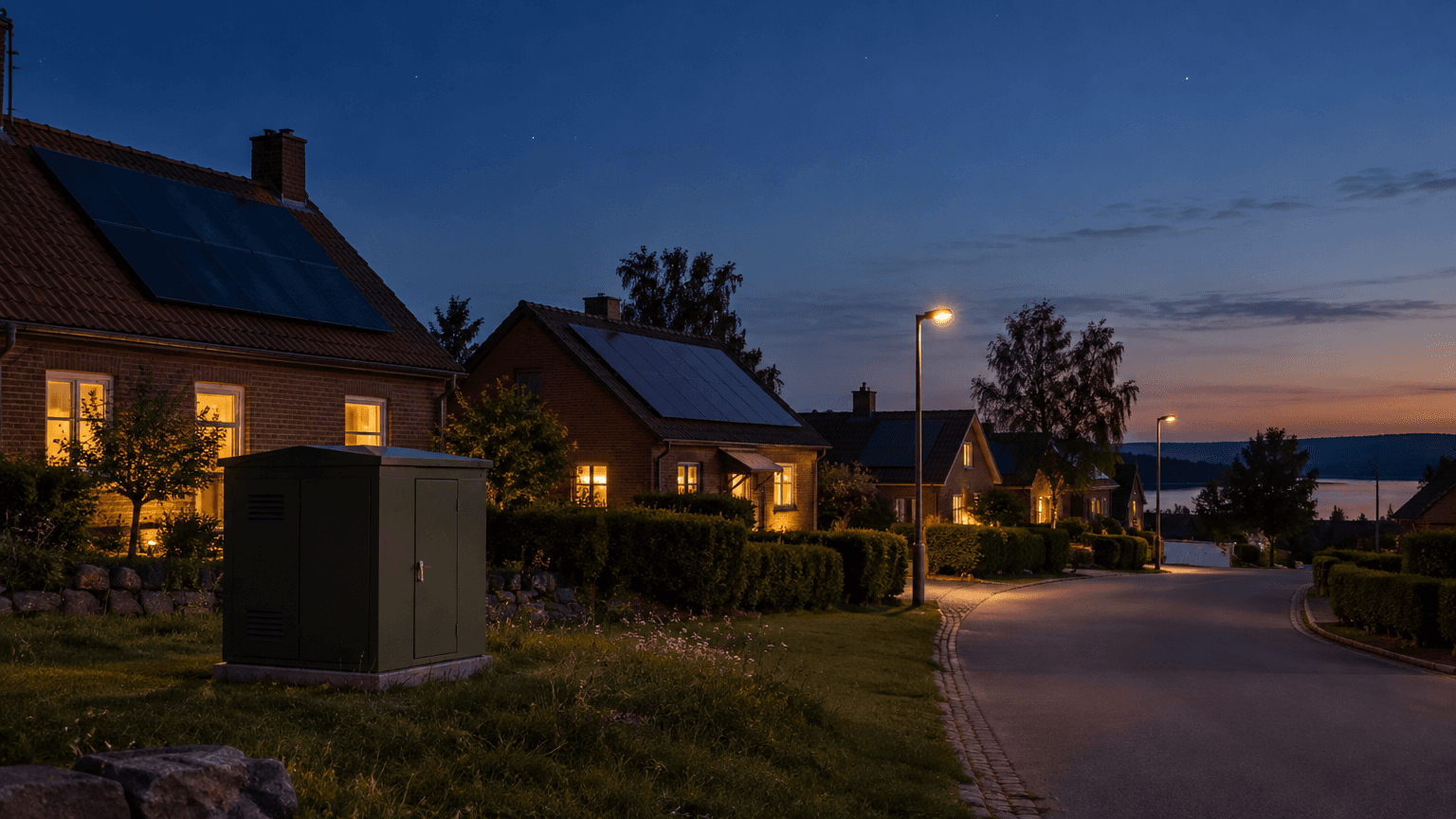 Byagata i södra Sverige i skymningen med låga tegelhus, tända fönster, solpaneler på taken och en grön nätstation i förgrunden