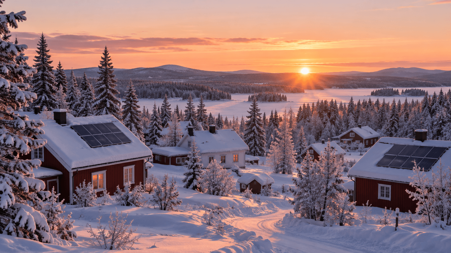 Snötäckt by i norra Sverige mitt på dagen i midvinter med låg rosa sol och röda trähus med solpaneler på taken