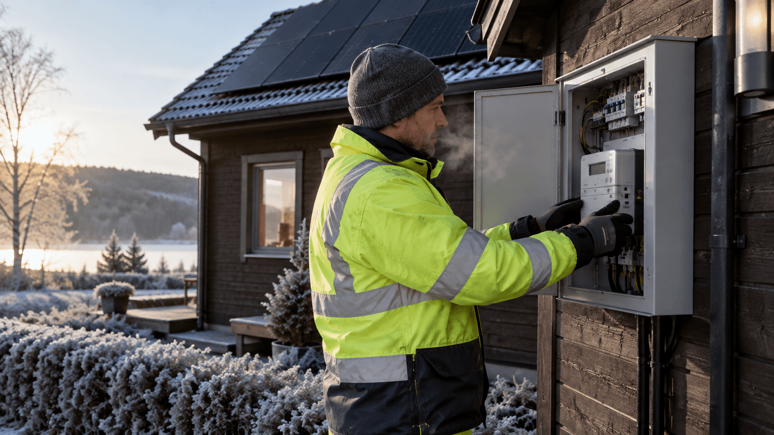 Nätteknik i varselkläder byter elmätare i ett mätarskåp på fasaden till en mörkbrun trävilla med solpaneler på taket en frostig morgon