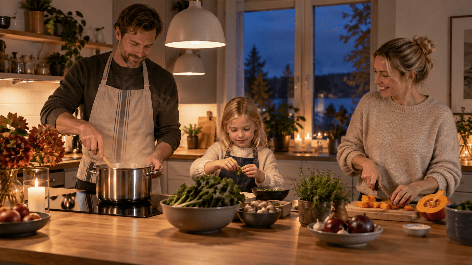 Familj lagar middag tillsammans i ett varmt upplyst kök en höstkväll