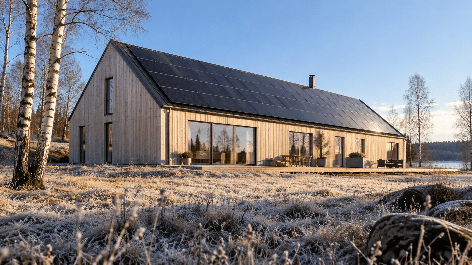 Långt modernt hus i ladstil med svart falsat plåttak helt täckt av svarta solpaneler, sett från en frostig äng en klar novembermorgon