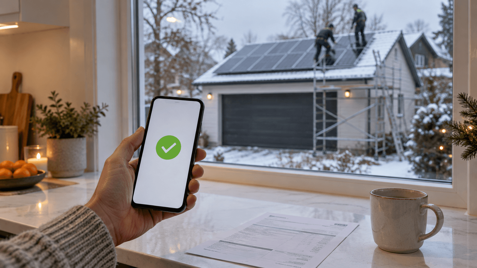 Hand som håller en mobil med en grön bock över en faktura på köksbänken medan installatörer gör klart solpaneler på garagetaket utanför fönstret