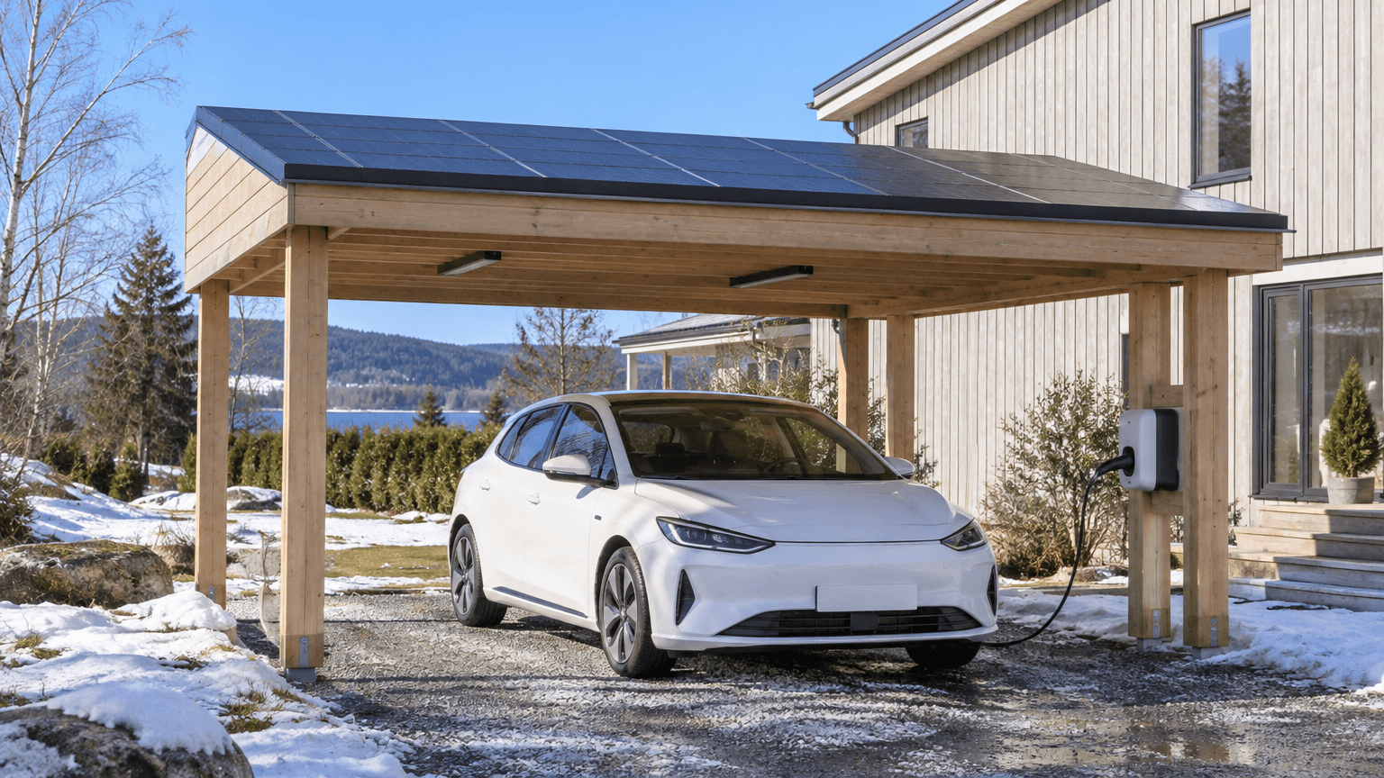 Carport i trä med svarta solpaneler på taket och en vit elbil som laddas vid en laddbox en solig marsdag med smältande snö