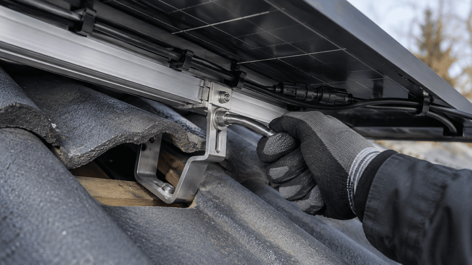 Närbild under en installerad svart solpanel med aluminiumskena, takkrok under en uppvikt betongpanna och fästa likströmskablar, medan en hand i arbetshandske drar åt en bult