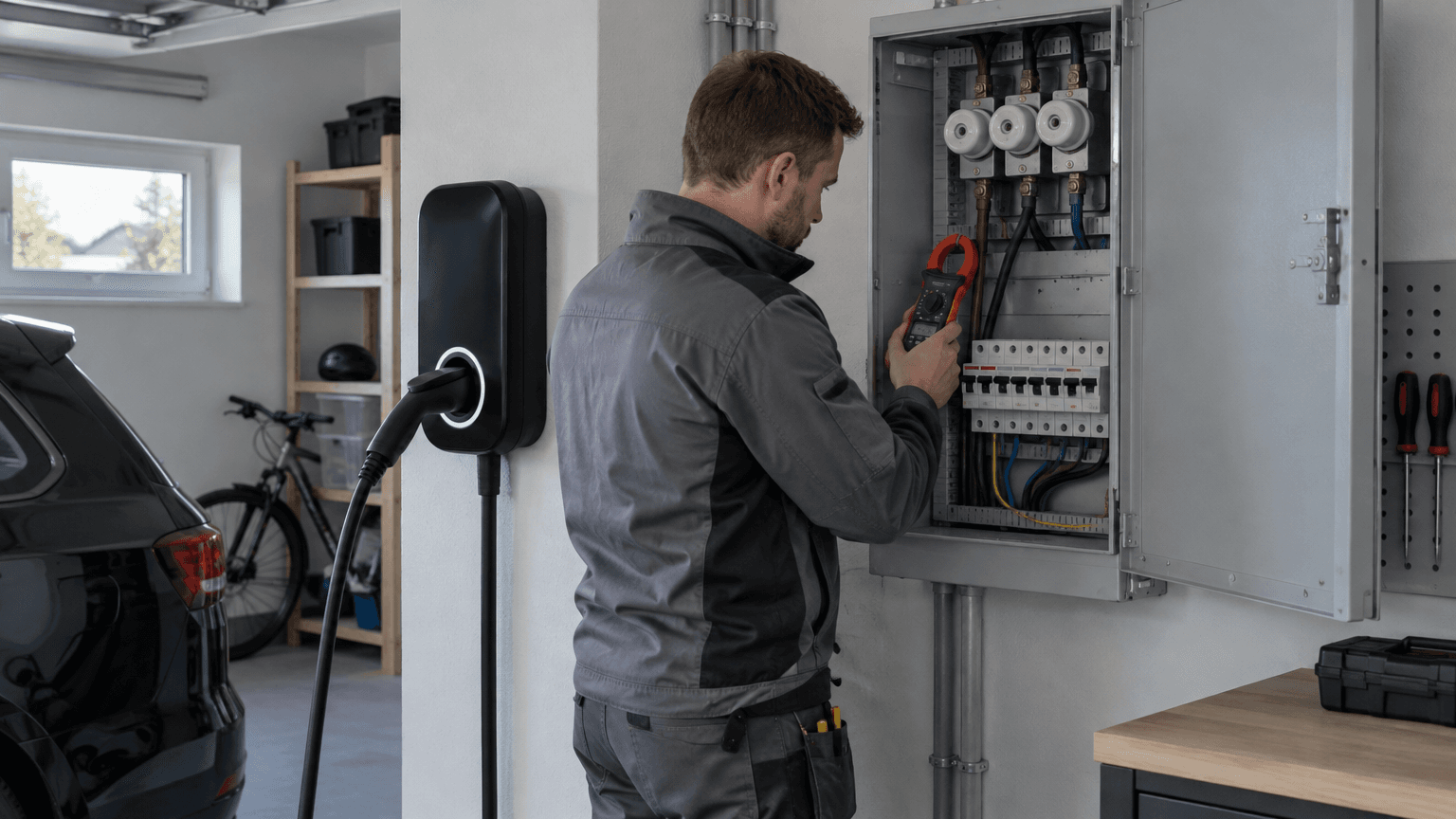 Svart laddbox på garageväggen bredvid ett öppet grått proppskåp med tre stora huvudsäkringar, en elektriker mäter med tångamperemeter
