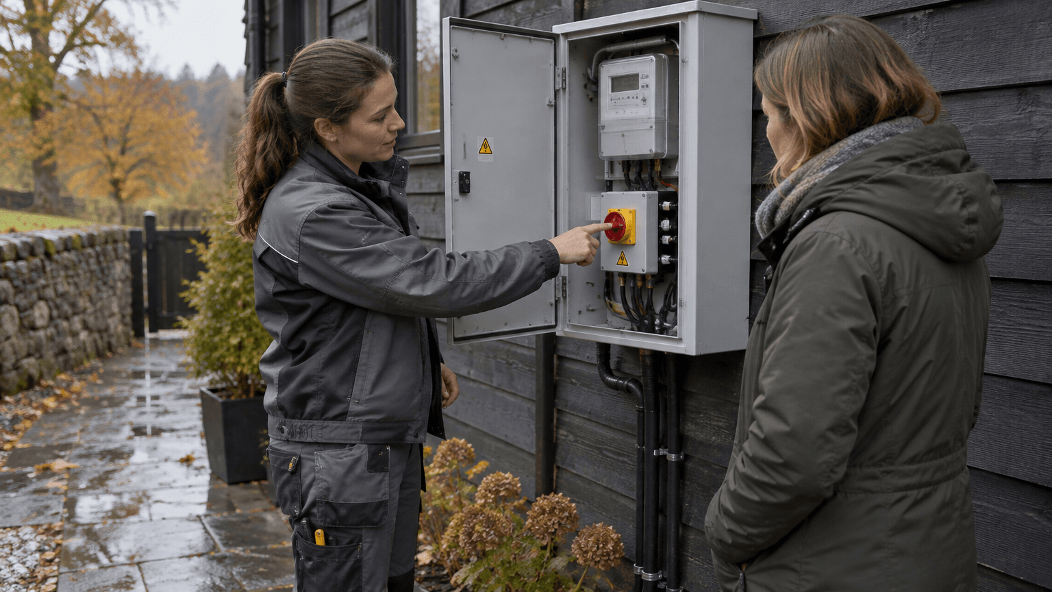 Kvinnlig elektriker visar en husägare i grön parkas en nymonterad röd och gul säkerhetsbrytare i ett öppet grått mätarskåp på en mörkbetsad träfasad, en regnig oktoberdag