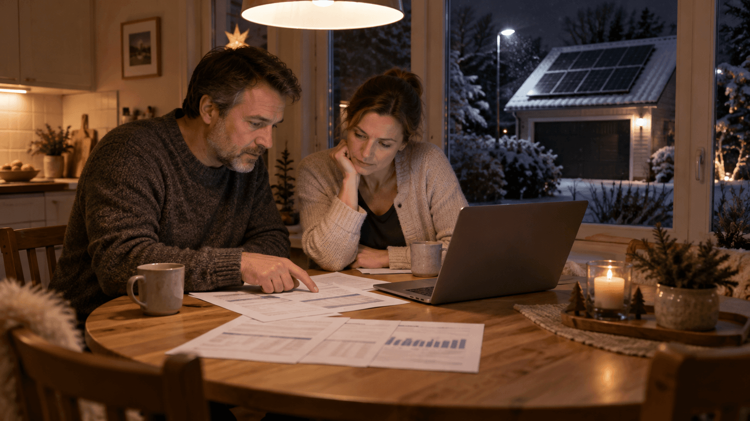 Par vid ett köksbord en decemberkväll med laptop och utskrivna offerter, med snöpudrade solpaneler på garaget synliga genom fönstret