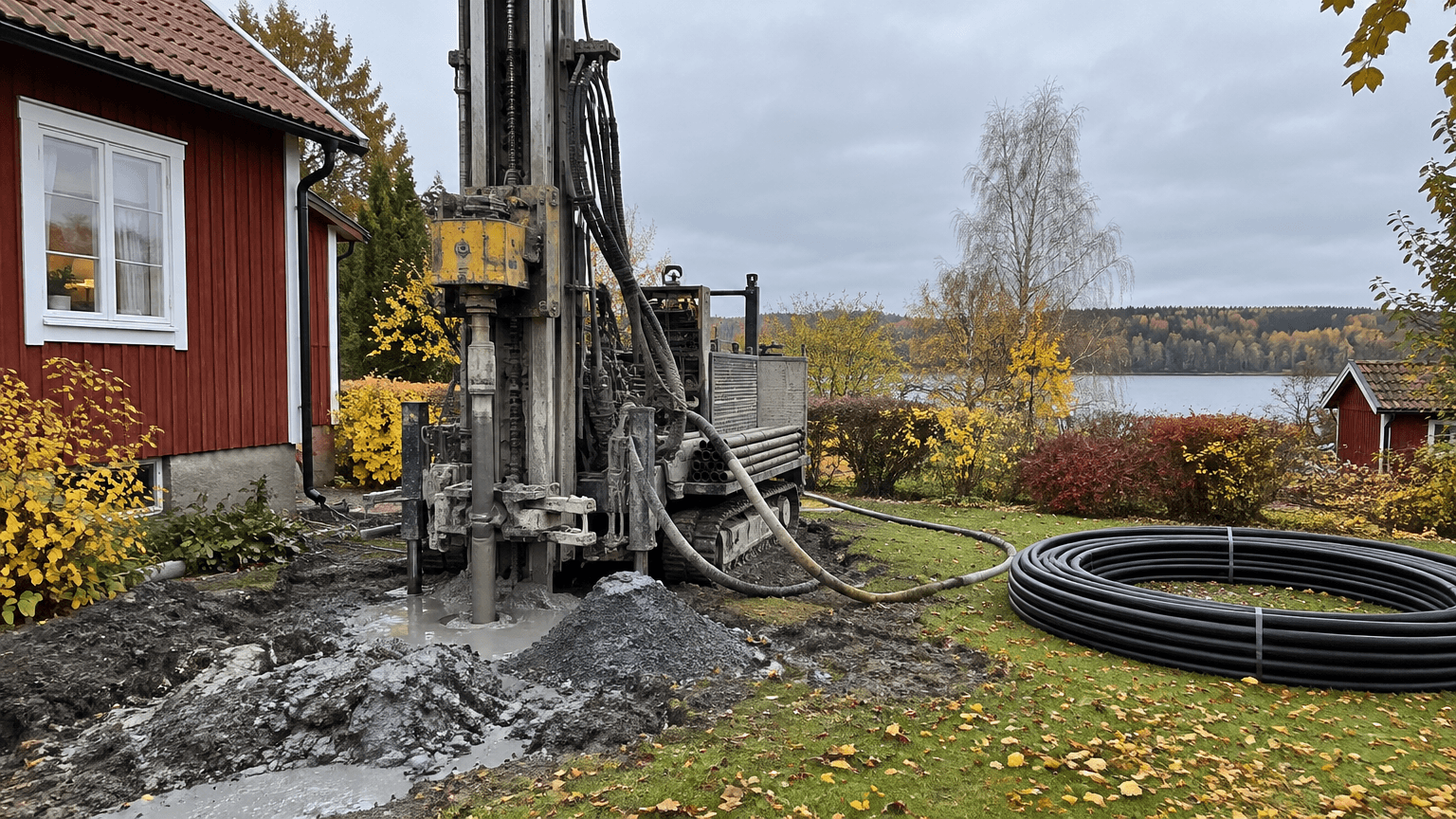 Borrigg som borrar ett energibrunnshål i trädgården till ett rött trähus en höstdag