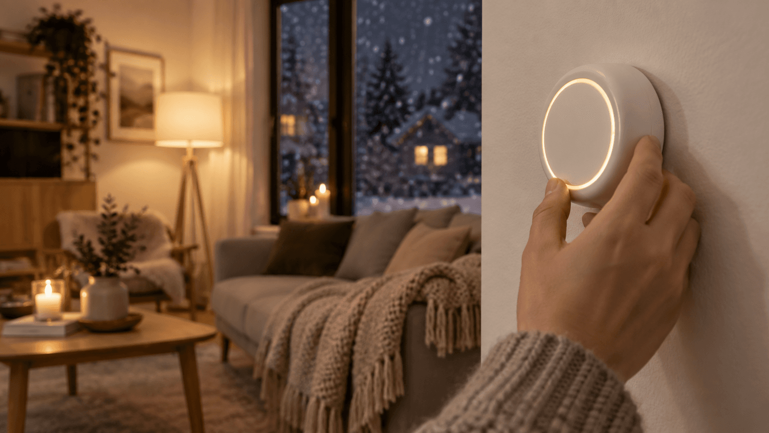 Hand som justerar en rund vit smart termostat på väggen i ett mysigt vardagsrum en snöig vinterkväll