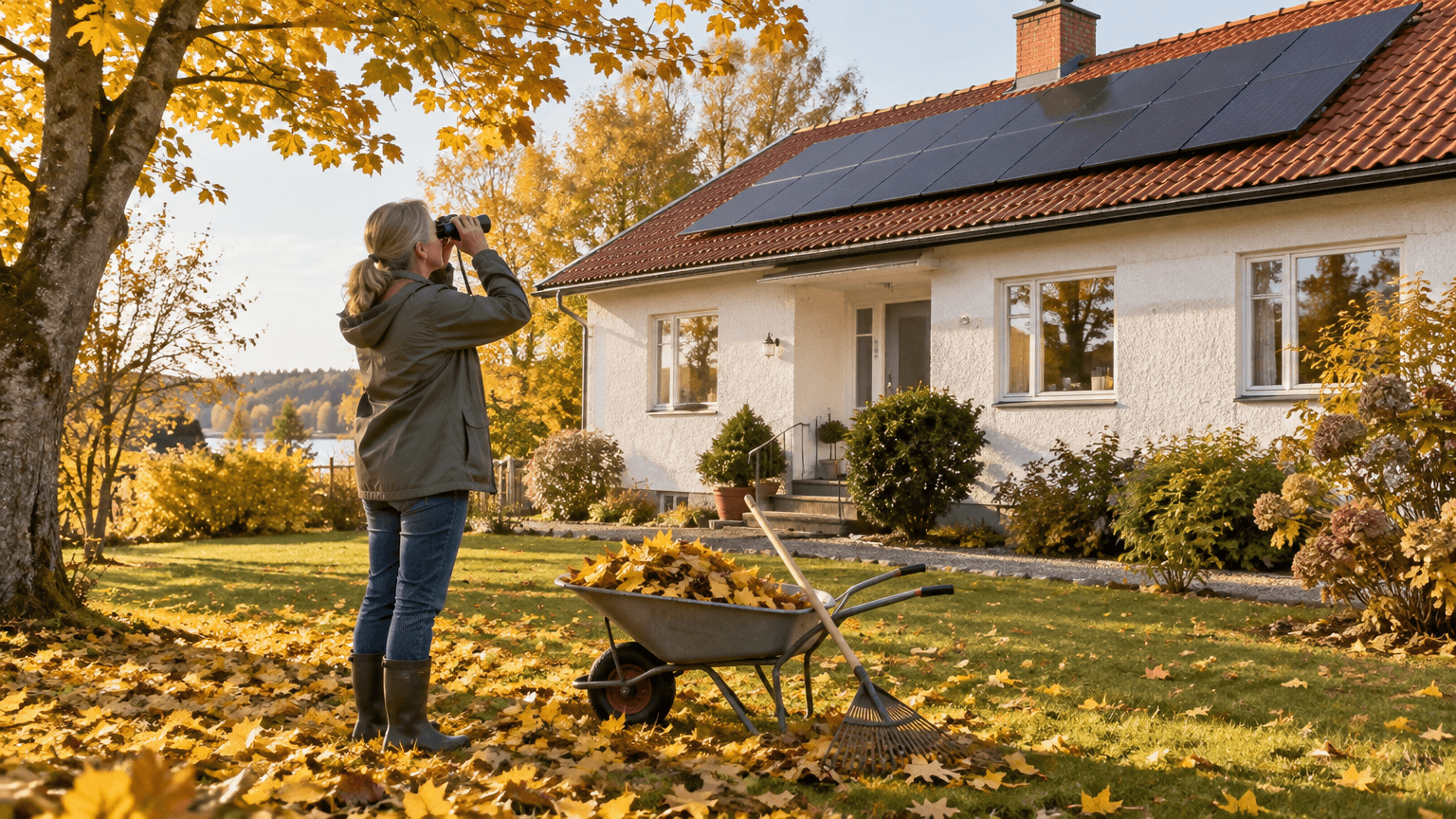Kvinna i grön regnjacka står på en gräsmatta med gula löv och tittar med kikare upp mot svarta solpaneler på ett rött tegeltak på en vitputsad villa