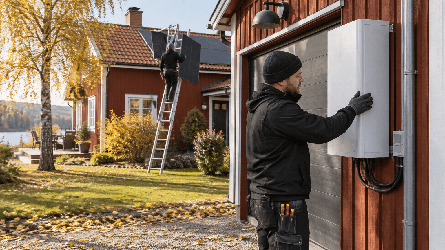 Elektriker monterar ett vitt hembatteri på garageväggen till en röd trävilla medan en kollega bär en svart solpanel uppför en stege mot taket en höstmorgon