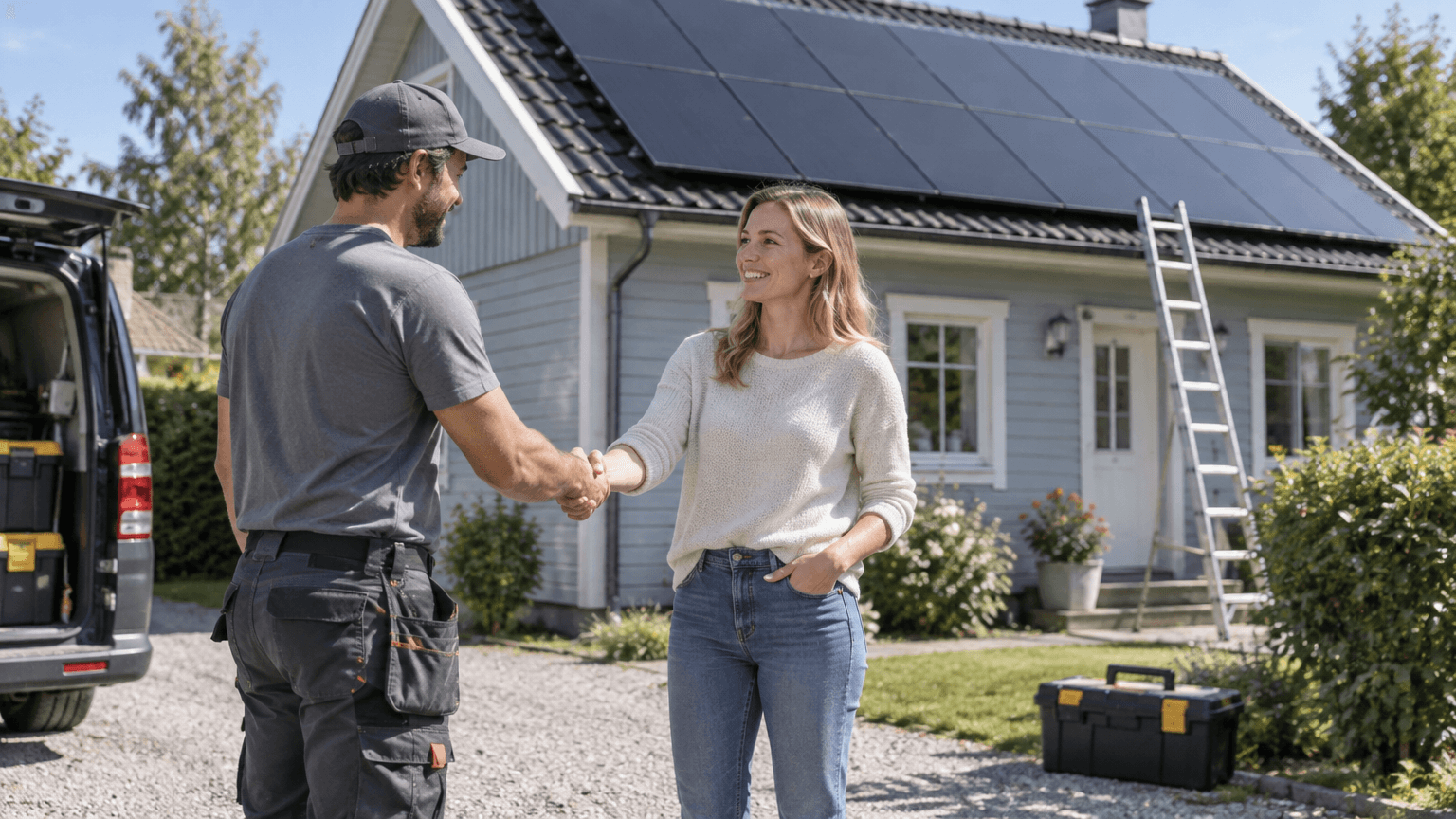 Solcellsinstallatör som skakar hand med en husägare framför ett ljusblått trähus med nyinstallerade solpaneler