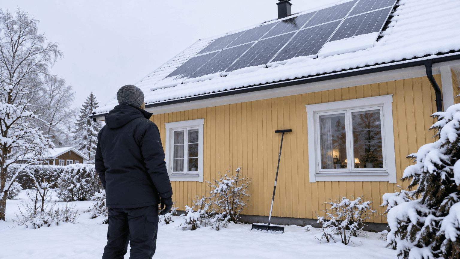Person i vinterjacka som står på marken i en snöig trädgård och tittar upp mot solpanelerna på ett gult trähus