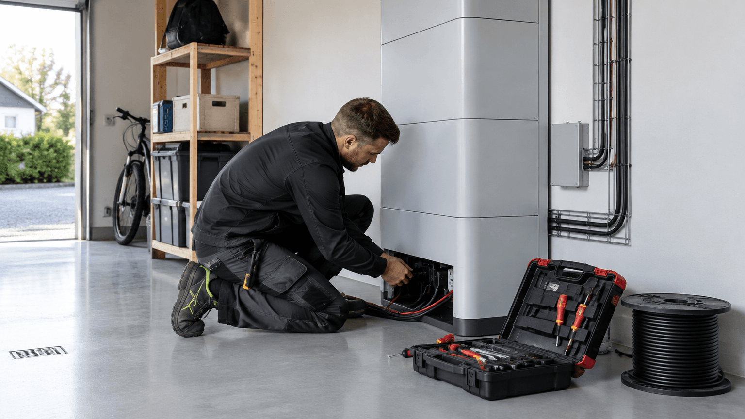 Elektriker på knä kopplar kablar i botten av ett högt ljusgrått hembatteri i ett garage med verktygslåda och kabeltrumma