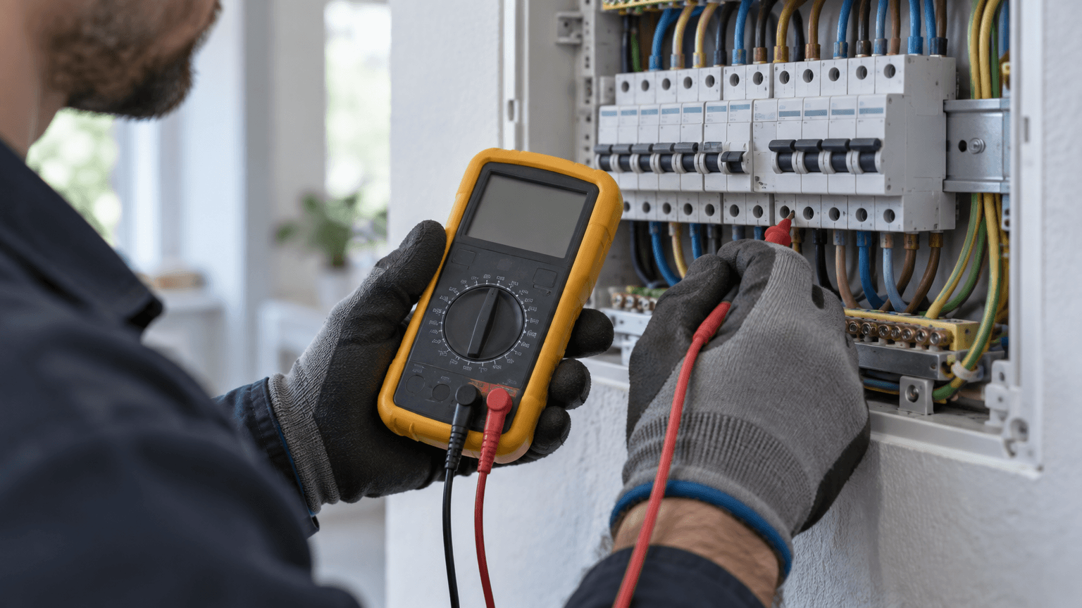 Elektriker med arbetshandskar mäter med en multimeter i en öppen elcentral
