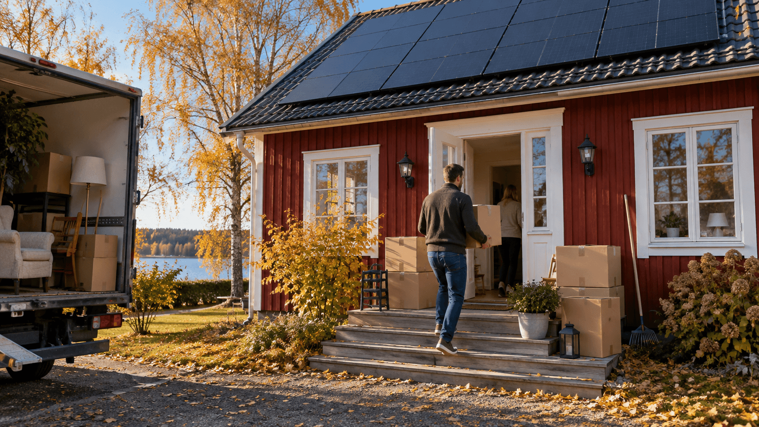 Flyttkartonger på trappan till en faluröd trävilla med vita knutar och svarta solpaneler på taket en klar höstmorgon