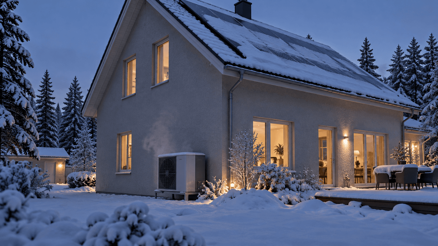 Grå putsad villa i januarikväll med snötäckta solpaneler på taket och en luft/vattenvärmepump som avger lätt avfrostningsånga, varmt ljus i fönstren
