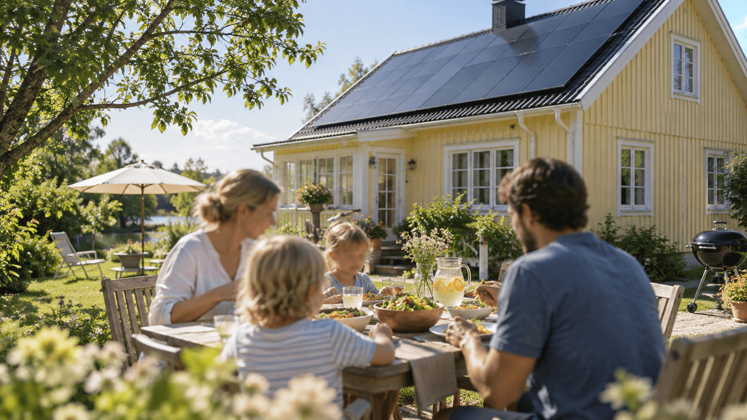 Familj som äter lunch vid ett trädgårdsbord framför en gul trävilla med svarta solpaneler på taket en solig sommardag