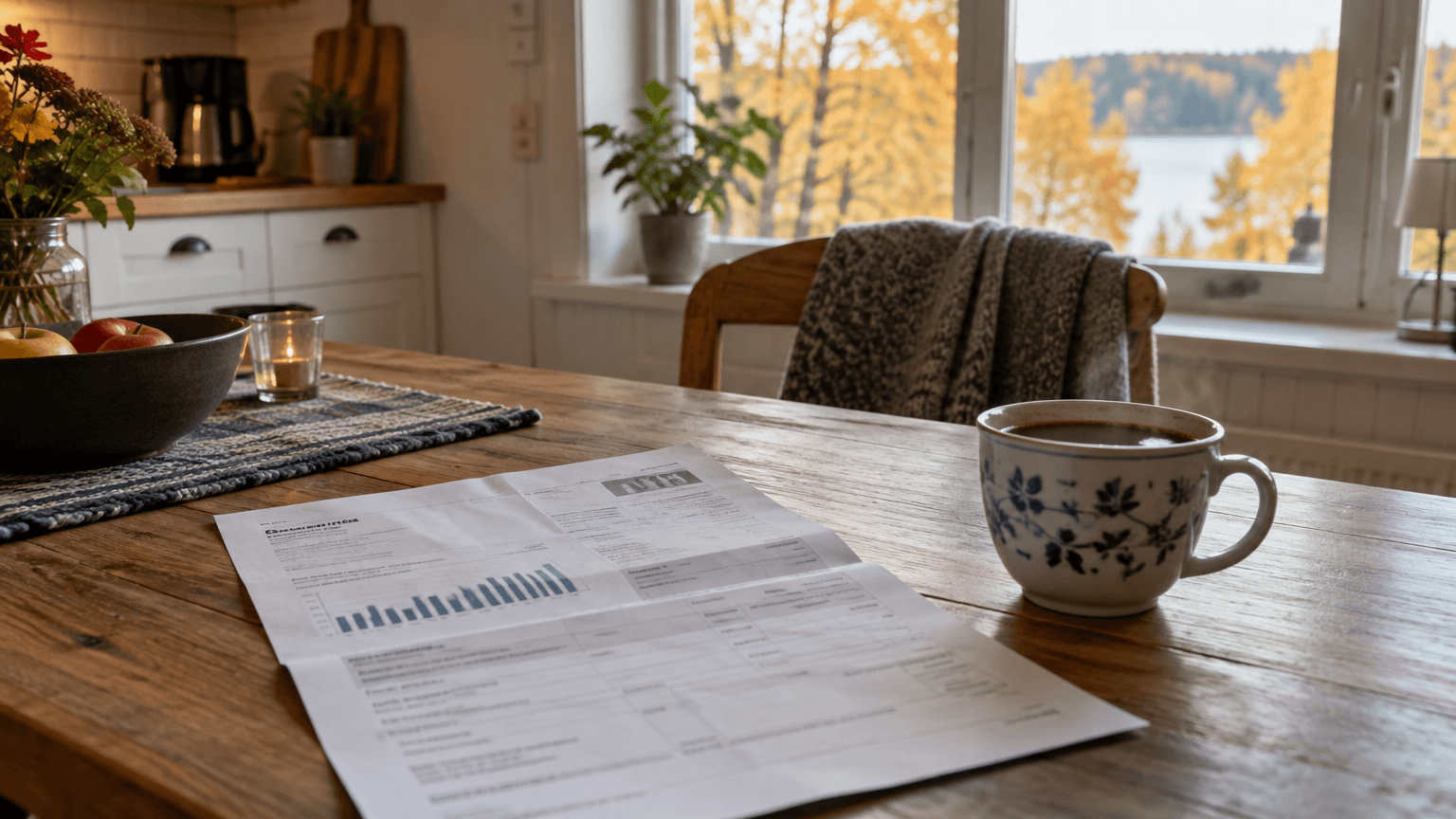 Köksbord i morgonljus med en öppnad elnätsfaktura med suddiga siffror, kaffekopp och höstträd utanför fönstret