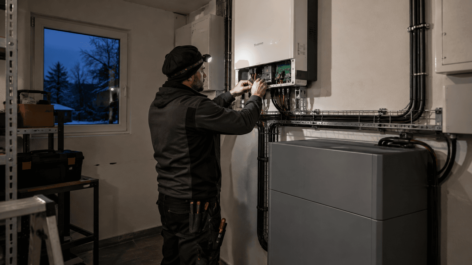 Elektriker med pannlampa kopplar in kablar i en ny vit hybridväxelriktare ovanför kabelstegar, med en grå batterimodul bredvid i ett teknikrum en decembereftermiddag