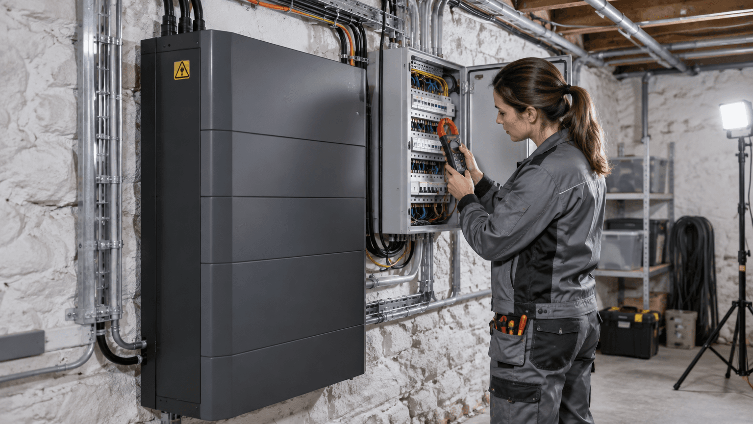 Kvinnlig elektriker kontrollerar ett nyinstallerat mörkgrått hembatteri och en öppen elcentral med en tångamperemeter i en källare med vitkalkad stenvägg