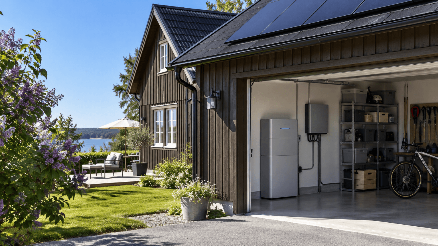 Mörkbrun trävilla med svarta solpaneler en solig försommardag, i det öppna garaget står ett ljusgrått hembatteri bredvid en växelriktare