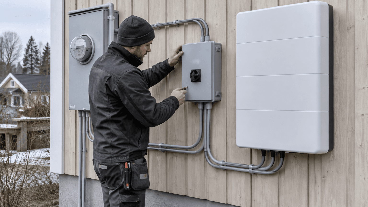 Elektriker installerar en grå reservkraftsomkopplare mellan elmätarskåpet och ett vitt väggmonterat hembatteri på en husvägg