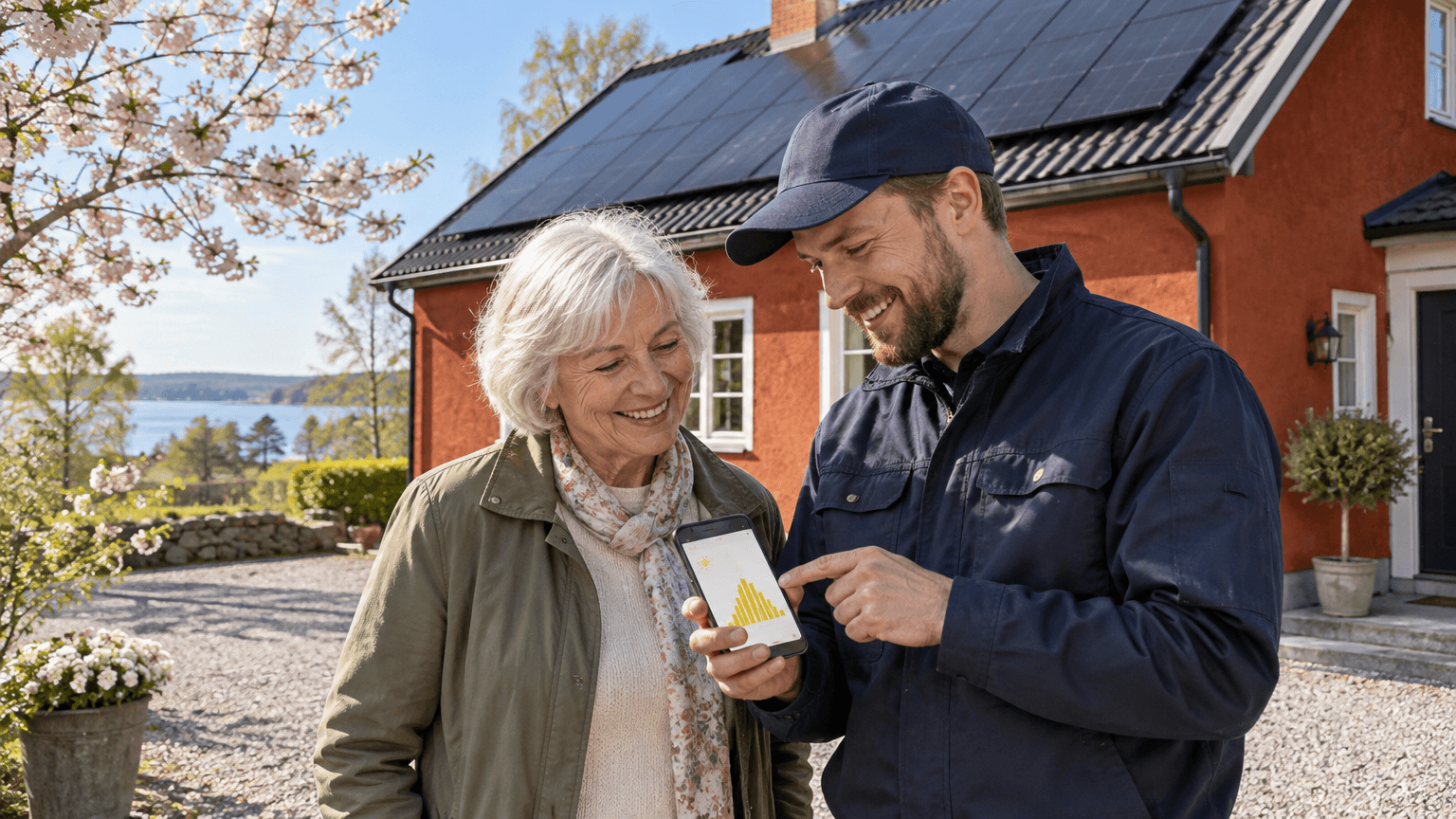Kvinna i 60-årsåldern och en solcellsinstallatör tittar på en produktionsgraf i en mobiltelefon på uppfarten till en terrakottaröd villa med nya svarta solpaneler, en vårmorgon med blommande körsbärsträd