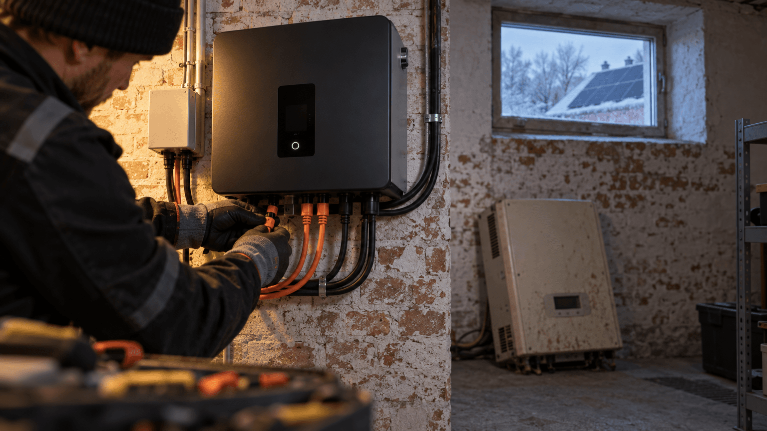 Elektrikerhänder kopplar in den sista solcellskabeln i en ny matt svart hybridväxelriktare på en vitkalkad tegelvägg i en villakällare, med den gamla gulnade växelriktaren lutad mot golvet