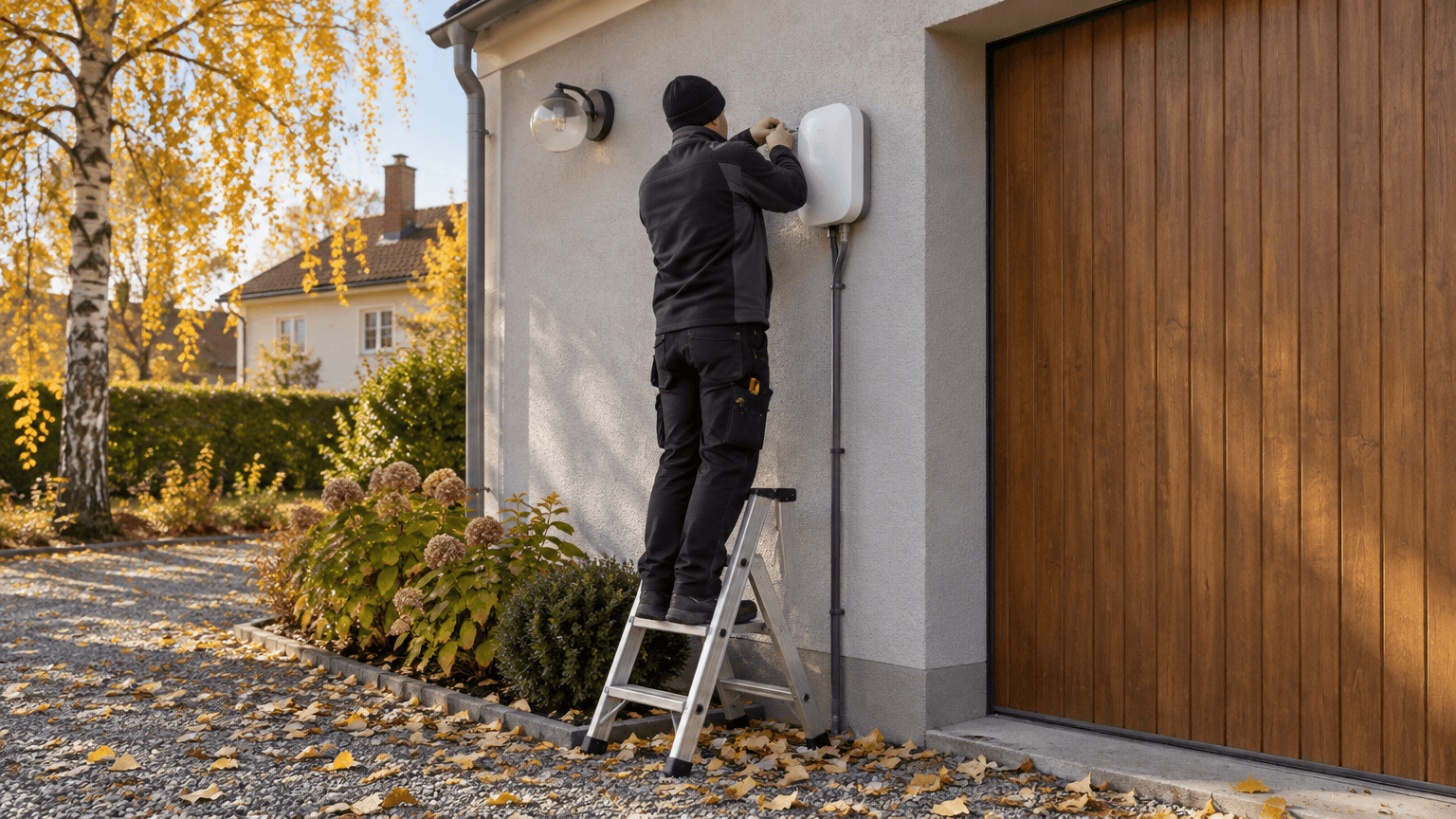 Elektriker på en stege monterar en vit laddbox på en ljusgrå putsad fasad bredvid en garageport i trä, kabelkanal ner i marken och gula björklöv på gruset