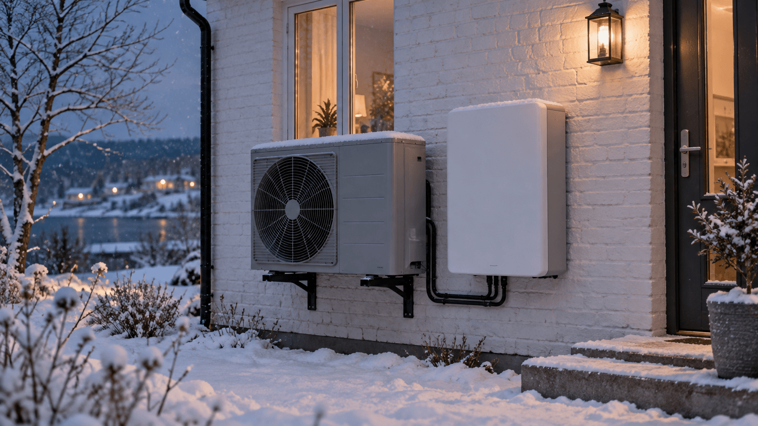 Grå luft/vatten-värmepump på väggkonsoler bredvid ett vitt väggmonterat hembatteri på en vitkalkad tegelvägg i snöfall