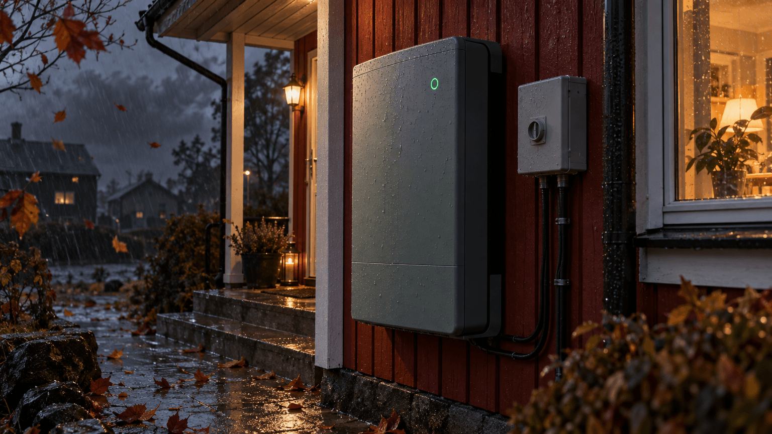 Salviagrått väggmonterat hembatteri med grön statuslampa och en grå reservkraftsomkopplare på en faluröd panelvägg under en veranda en stormig höstkväll, grannhusen mörka
