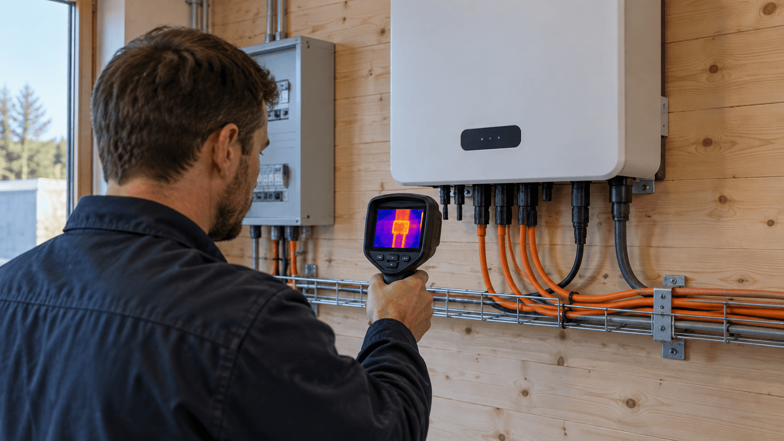 Elektriker riktar en värmekamera mot kabelanslutningarna under en vit växelriktare på en ljus furupanelvägg, med en orange varm punkt på kamerans skärm