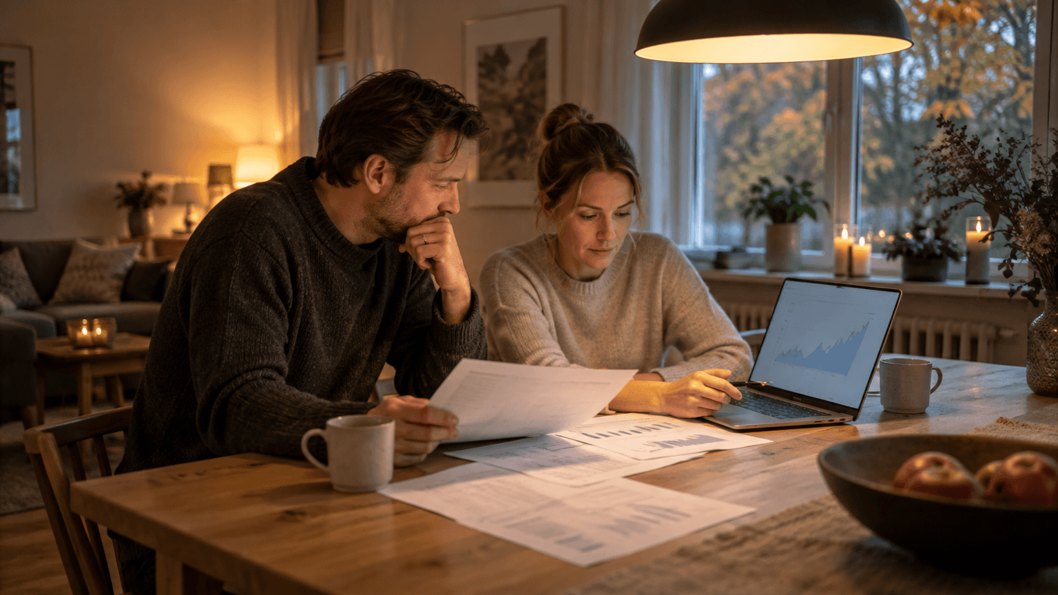 Par vid ekbord granskar utskrivna papper och en laptop med linjediagram i varm kvällsbelysning
