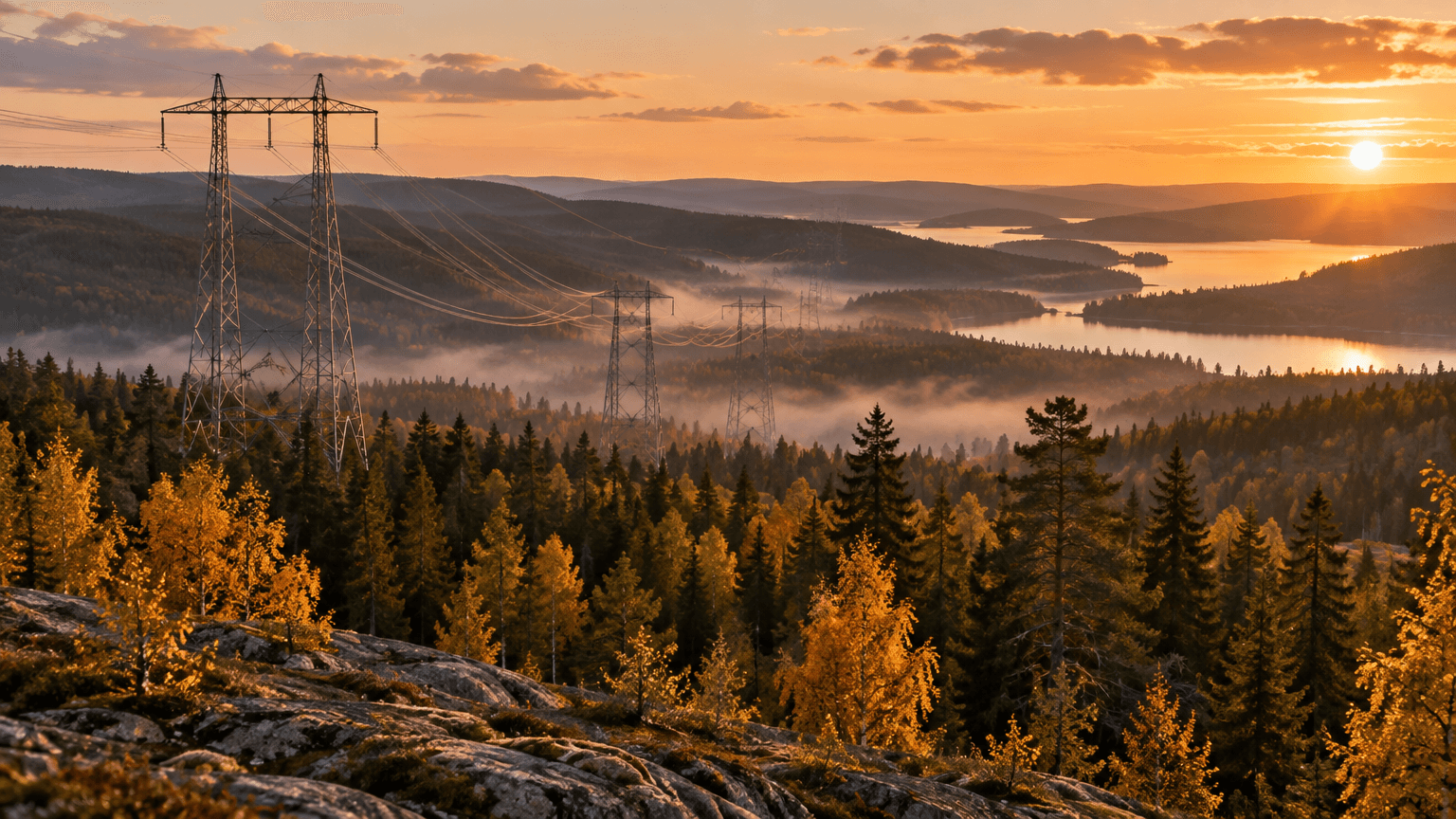 Kraftledningar och stolpar över skogslandskap med höstfärger i solnedgång