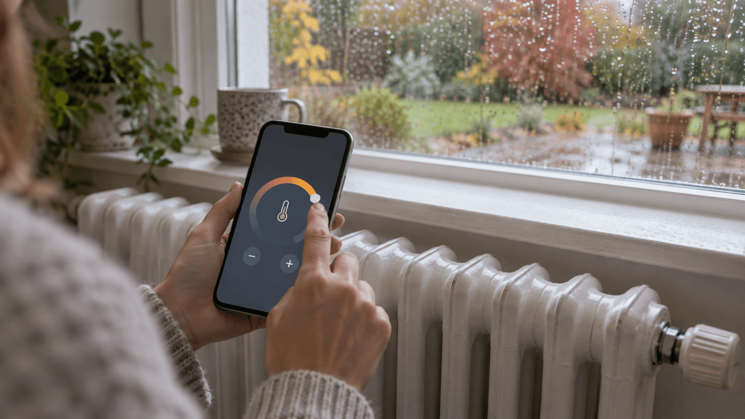 Hand som justerar en termostatapp i mobilen framför ett vitt gjutjärnselement under ett regnigt fönster
