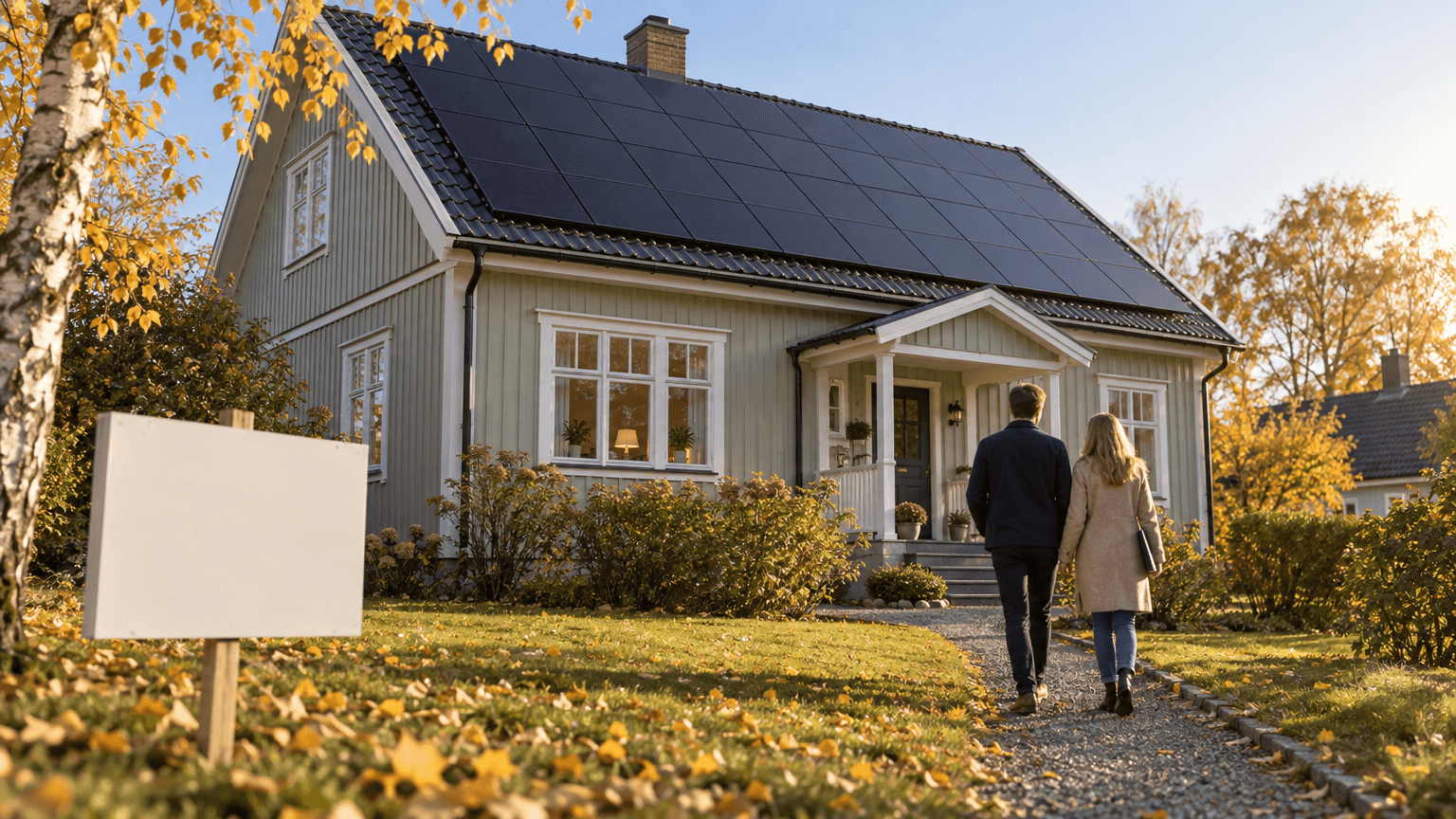 Salviagrön trävilla från 1930-talet med svarta solpaneler över hela taket, en tom skylt för husförsäljning på gräsmattan och ett par på väg upp mot huset en solig oktobereftermiddag