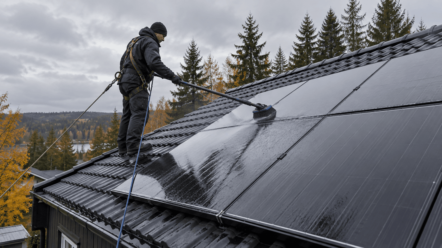 Rengörare med fallskydd borstar försiktigt svarta solpaneler på ett svart tegeltak med en mjuk borste på ett långt vattenmatat skaft