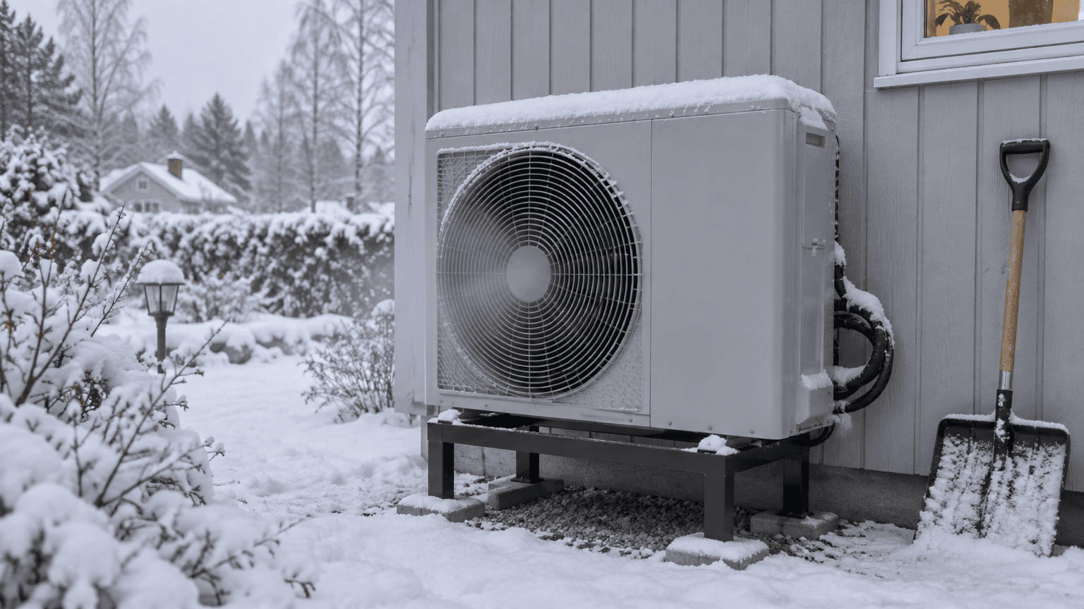 Utedel till en luft-vattenvärmepump täckt av nysnö vid en ljusgrå träfasad, med en snöskyffel lutad mot väggen